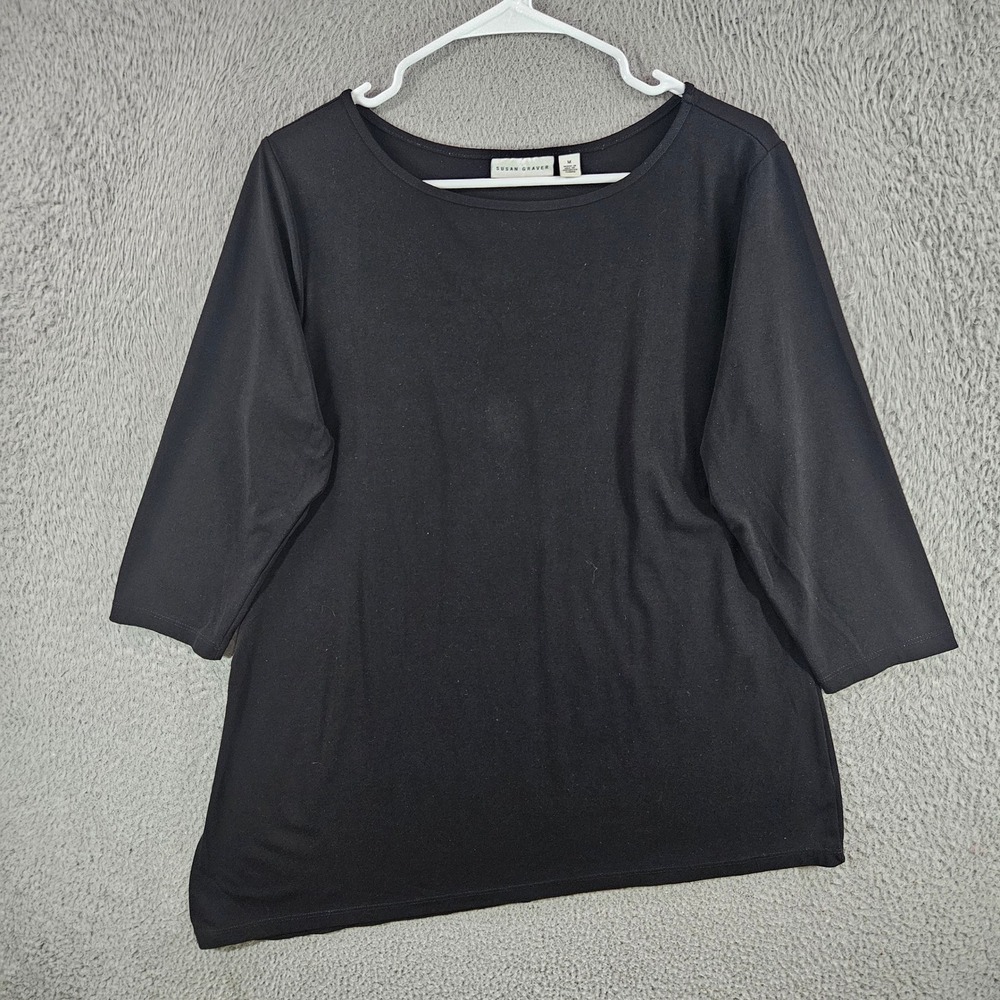 Susan Graver‎ Liquid Knit Black Asymmetrical Hem 3/4 Sleeve Top Womens Size M
